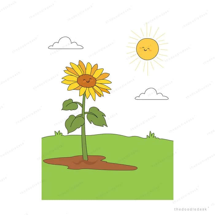 A sunflower standing in a green field over a crack in the ground with the sun above