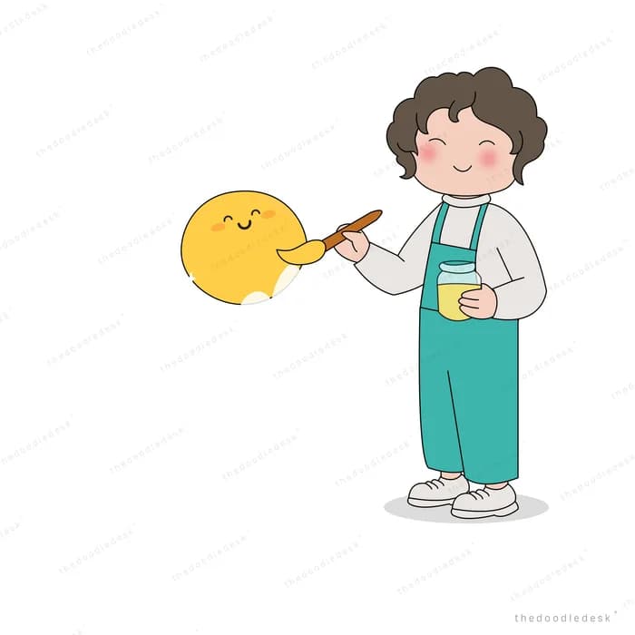 Woman in overalls painting a smiling yellow sun with a brush