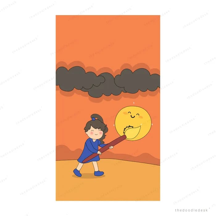 Girl carrying a large smiling sun on her shoulder across an orange desert