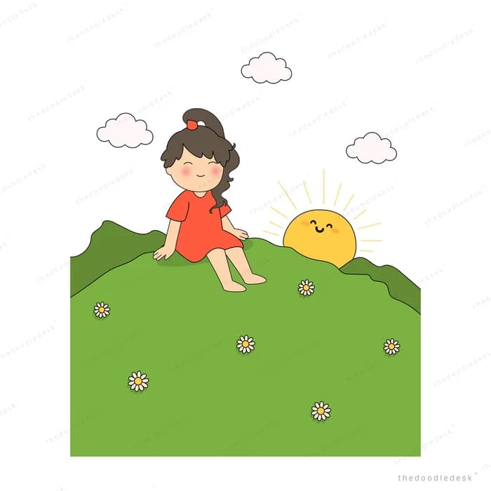 Girl sitting on a green hilltop watching a smiling sun rise beside her