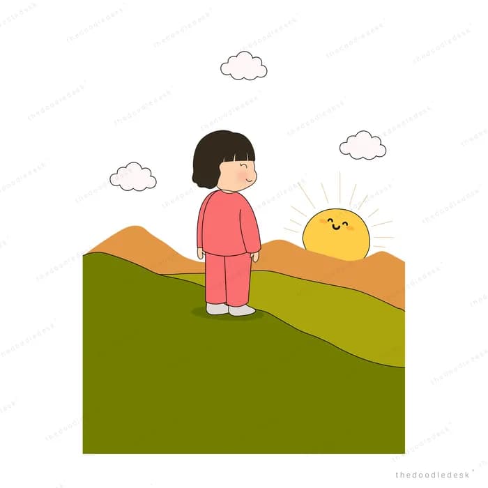 Girl in pink standing on a hilltop watching a small sun sink behind it