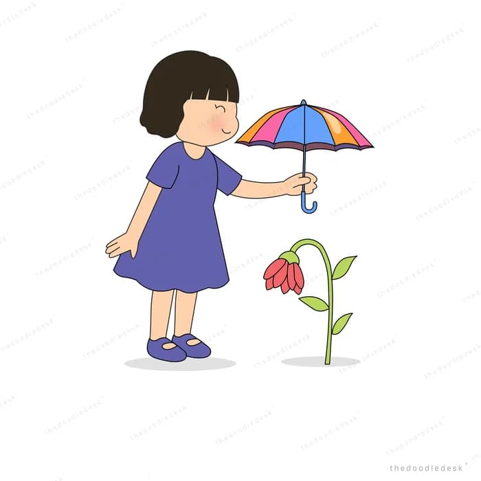 Girl holding a small umbrella over a drooping potted plant