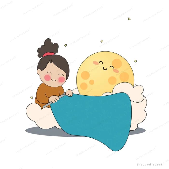 A small bear tucking a smiling moon into bed under a teal blanket on a cloud