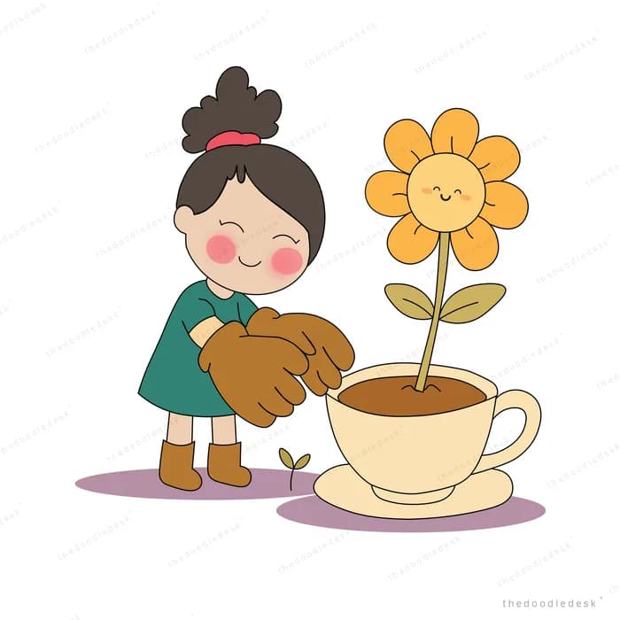 Girl in green watering a smiling sunflower growing out of a large teacup