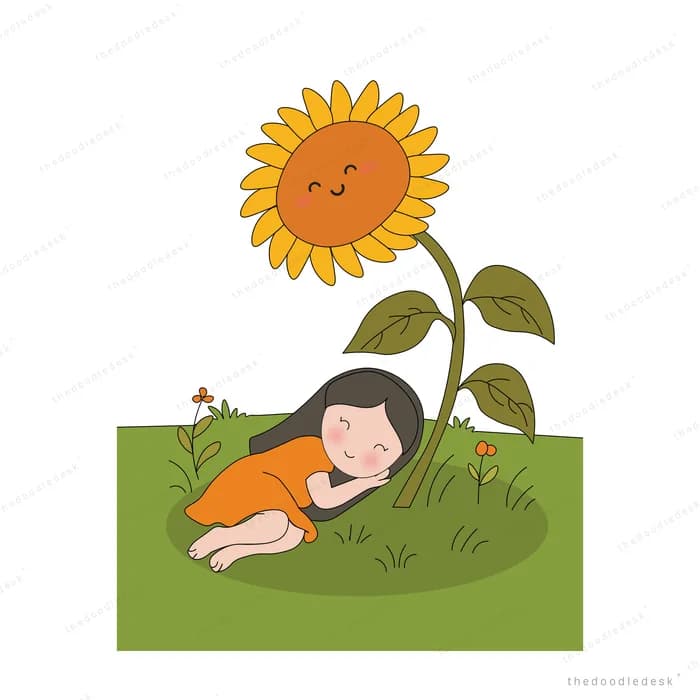 Girl lying on the grass resting beside a tall smiling sunflower