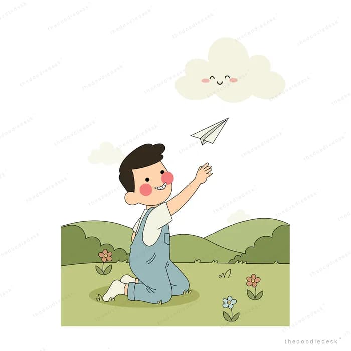 Boy on a green hill launching a paper plane toward a smiling cloud