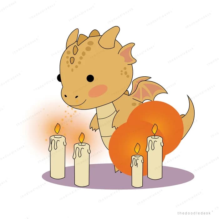 Chubby orange dragon walking forward past glowing lanterns on a purple ground oval