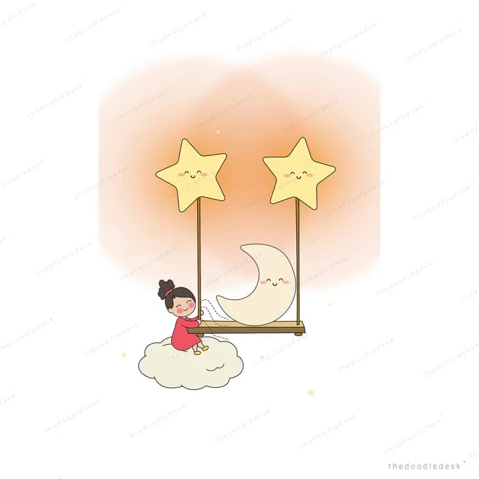 Wooden swing hanging from two glowing smiling stars above a small cloud with a crescent moon behind