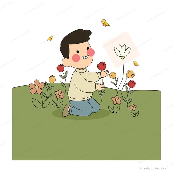 Boy kneeling in a green field picking flowers while butterflies flutter around him