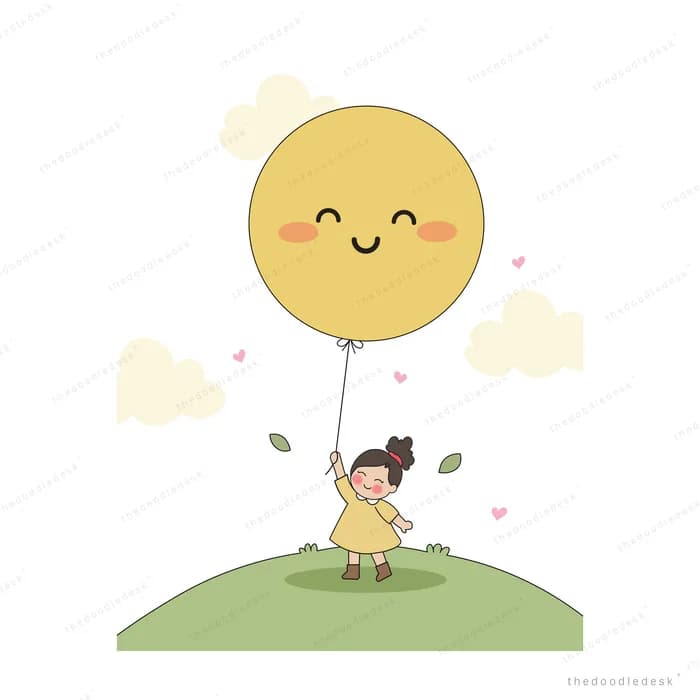 Tiny girl carried into the air by a giant smiling sun balloon over a green hill