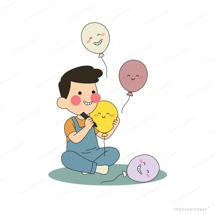 Boy sitting on the ground hugging a smiling yellow balloon with more face balloons and a kite around him