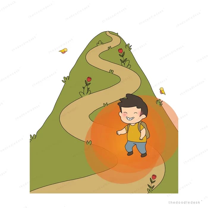 Boy walking up a long winding dirt path over a green hill