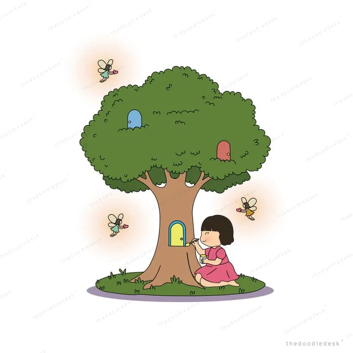 Girl sitting against a big tree with a tiny lit door while fireflies glow around the branches
