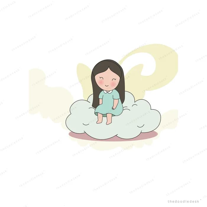 Girl with pale wings sitting on a mint cloud above a pink oval