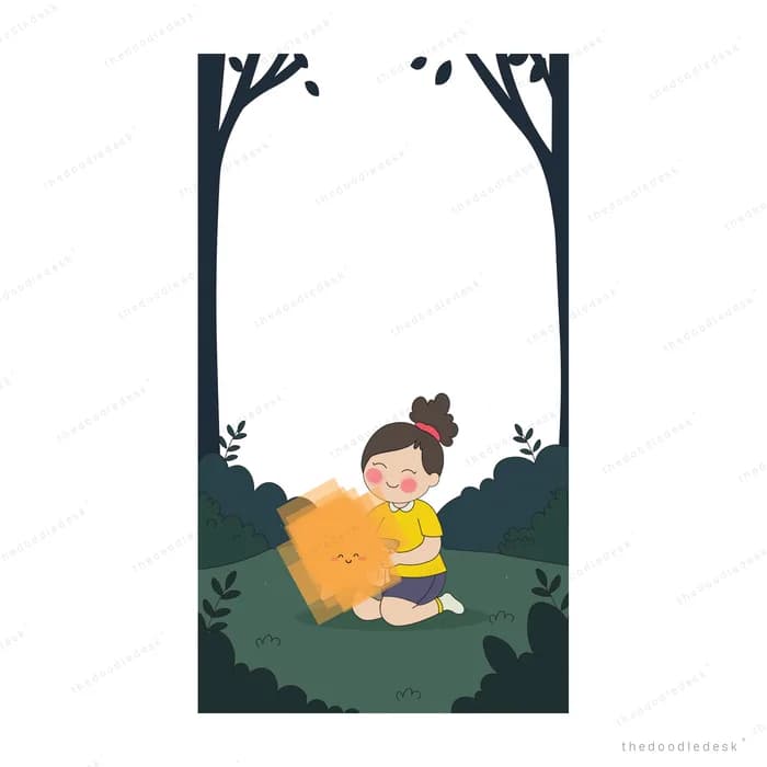 Child in a yellow raincoat holding a small glowing light among tall dark forest trees