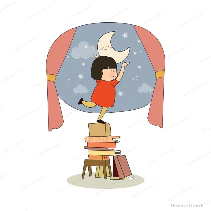 Girl standing on a stack of books reaching out to a smiling crescent moon through a curtained window