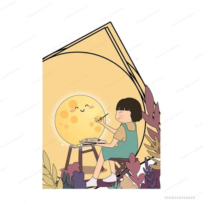 Boy at an easel painting a big smiling moon surrounded by tropical leaves