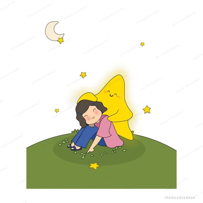 Glowing yellow star leaning over a slumped girl on a green hill under a crescent moon