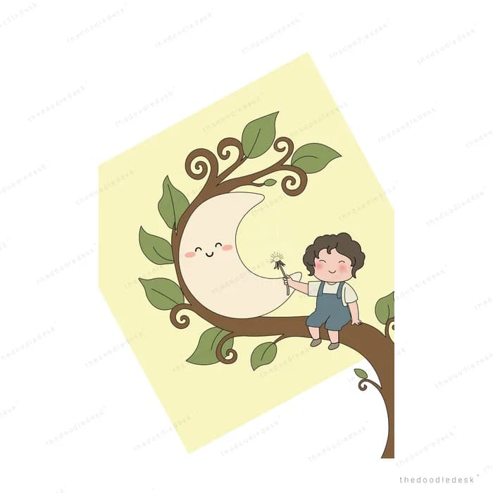 Girl swinging from a branch beside a smiling crescent moon among floating green leaves