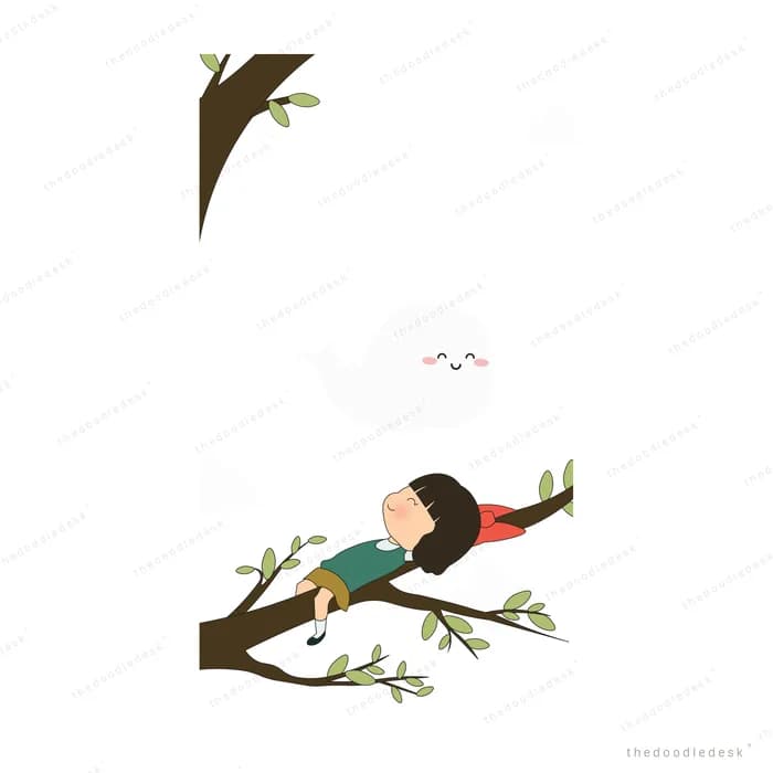 Girl lying along a leafy tree branch looking down