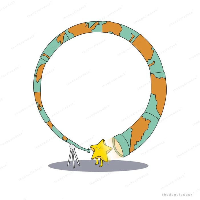 Tiny girl fitting a yellow star into a huge ring made of the globe