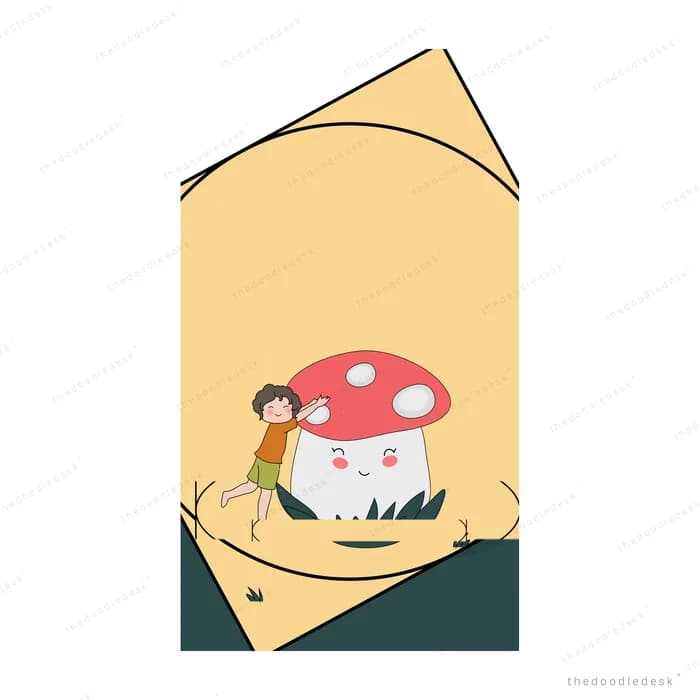 Boy sitting on a bed leaning against a giant red toadstool mushroom
