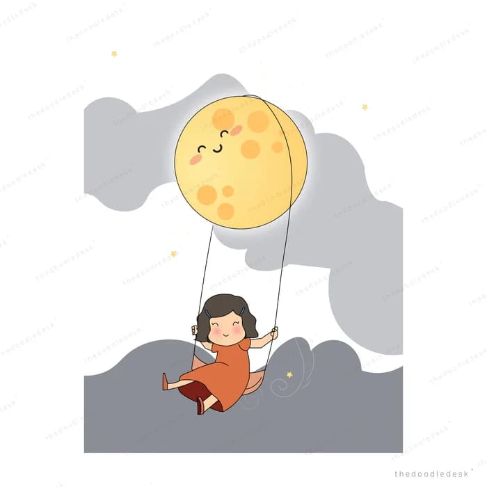 Girl riding a swing hung from a smiling yellow moon above grey clouds