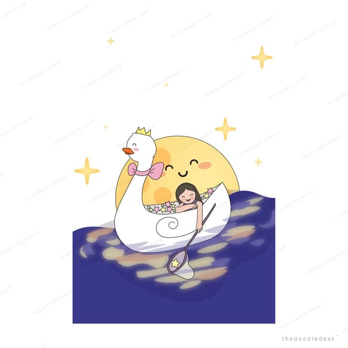 Girl lying in a white swan boat drifting on dark water in front of a smiling moon