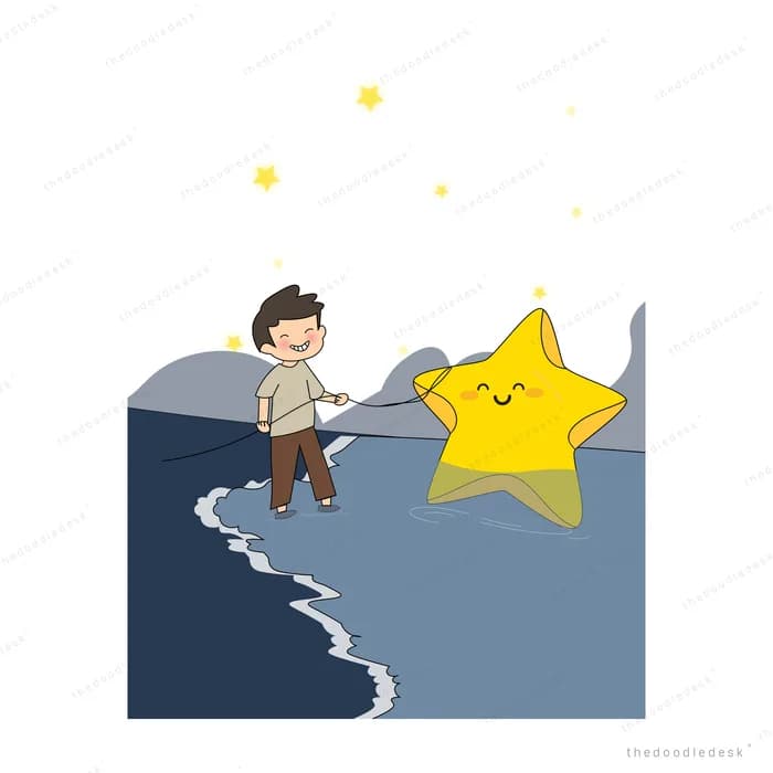 Man on a dark shore pulling a giant smiling yellow star out of the sea with a rope