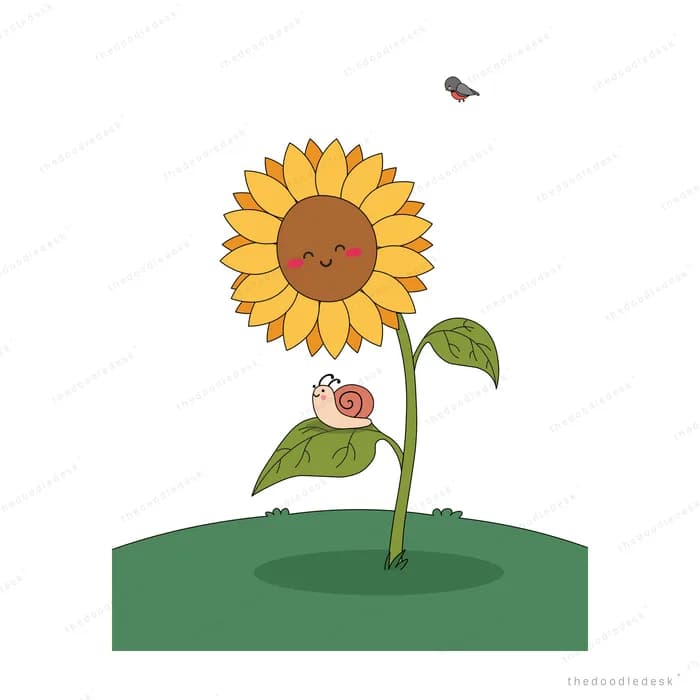 Tall smiling sunflower with a ladybug resting on its leaf and a bee flying past