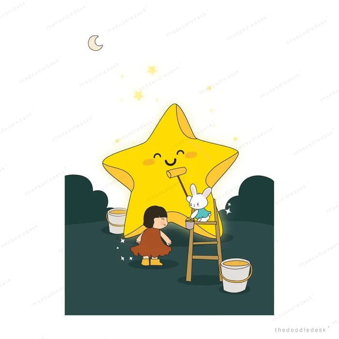 Girl climbing a ladder toward a giant smiling star in a dark garden at night
