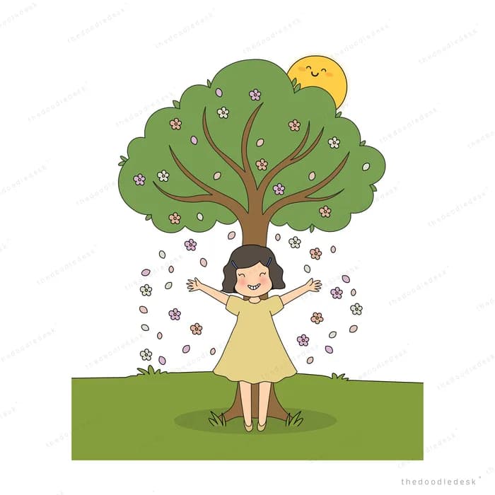 Girl standing under a big leafy tree with petals falling around her and a smiling sun above