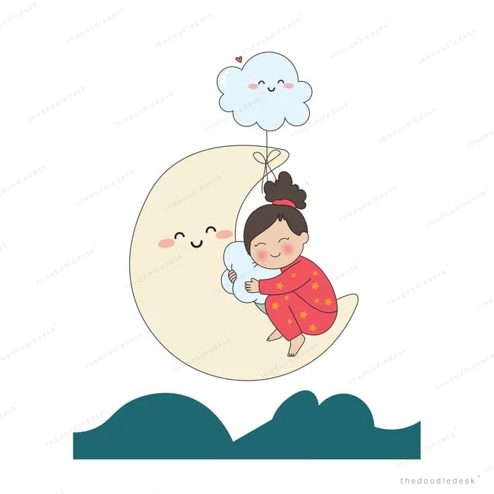 Baby in red sleeping on a crescent moon with a smiling cloud tethered above