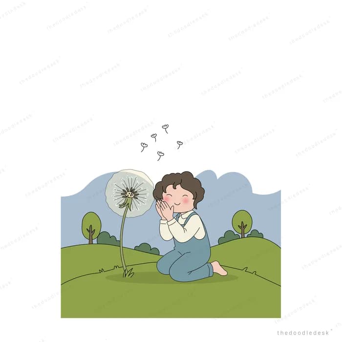 Girl blowing the seeds off a giant dandelion on a green hill
