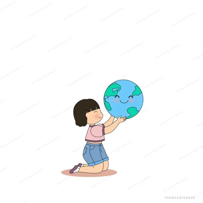 Girl kneeling and holding up a smiling globe of the earth