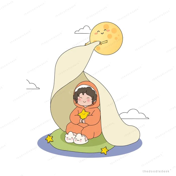 Girl wrapped in an orange hooded blanket sitting on a leaf under a big smiling moon
