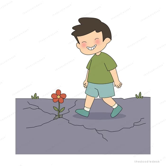 Boy standing on cracked grey ground where a single red flower pushes through the crack