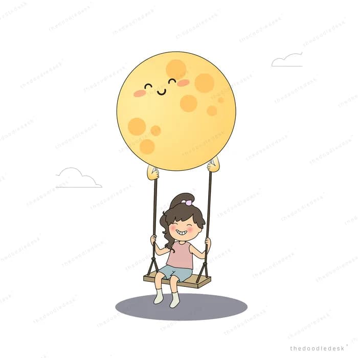 Baby riding a swing that hangs from a big smiling yellow moon