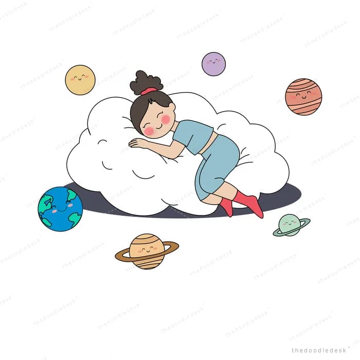 Girl asleep on a big smiling cloud surrounded by small planets
