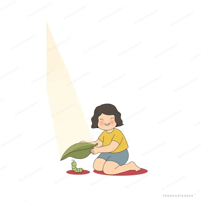 Girl kneeling in a beam of light holding a big green leaf beside a small sprout