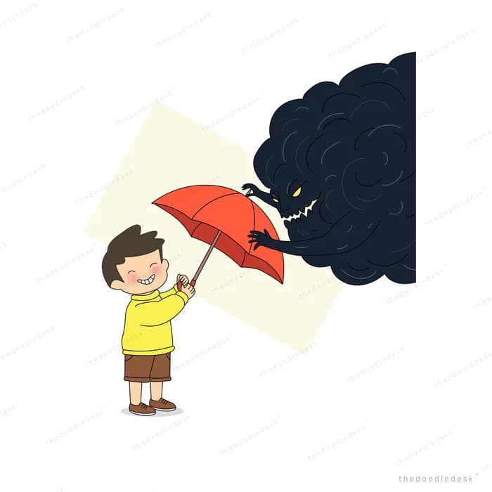 Boy holding up a red umbrella against a black clawed storm cloud