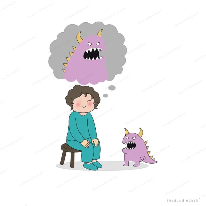 Girl sitting calmly on a stool between a huge roaring purple monster and a tiny one