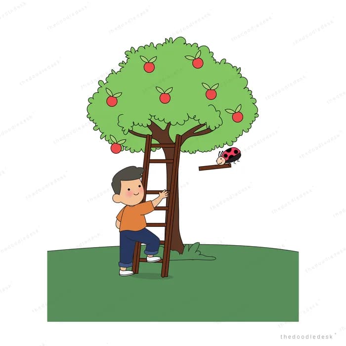 Boy shaking a small tree so red fruit falls around him while ladybugs cling to the branches