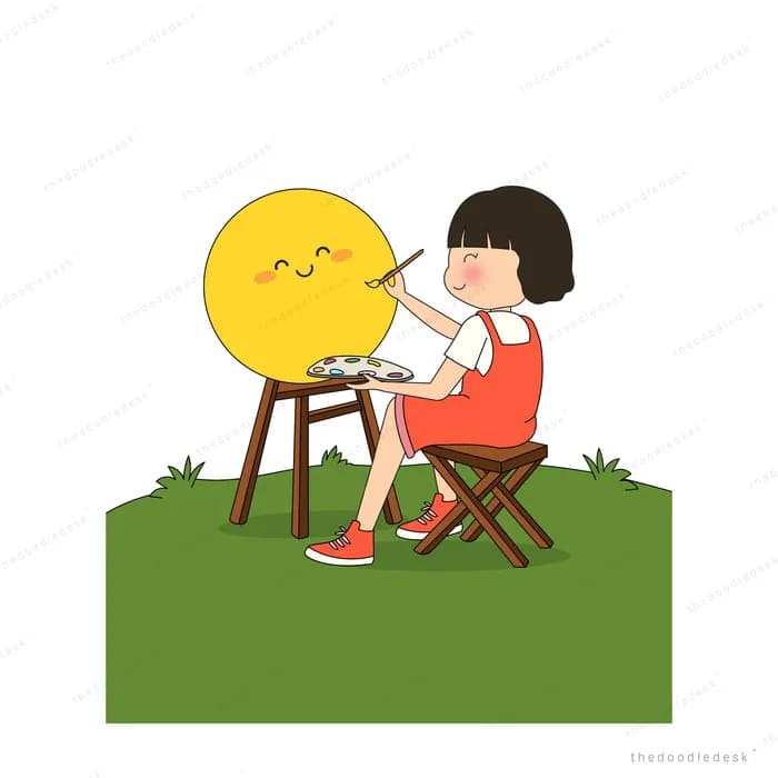 Boy on a folding stool painting a big smiling sun on an easel in a green field