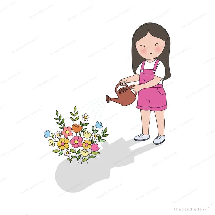 Girl in pink dungarees watering a grey shadow that is blooming into colourful flowers
