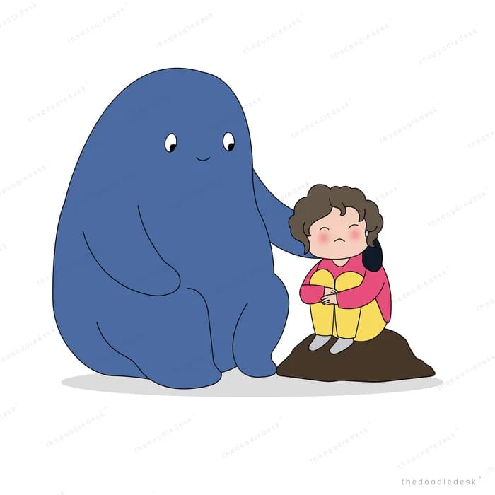 Girl in yellow sitting on a mound while a big soft blue creature rests a hand on her head