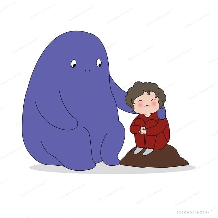 Boy in red sitting on a mound while a big purple creature rests a hand on his head