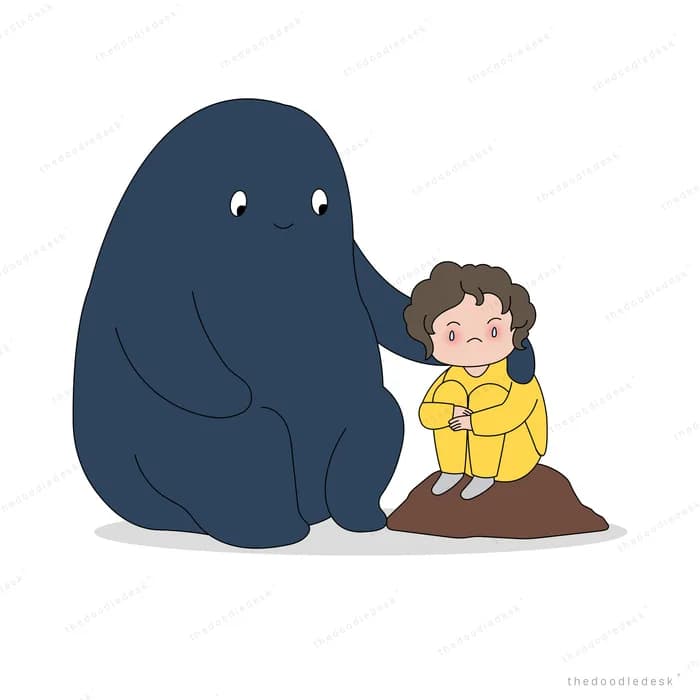 Girl in yellow sitting on a mound while a big navy creature rests a hand on her head