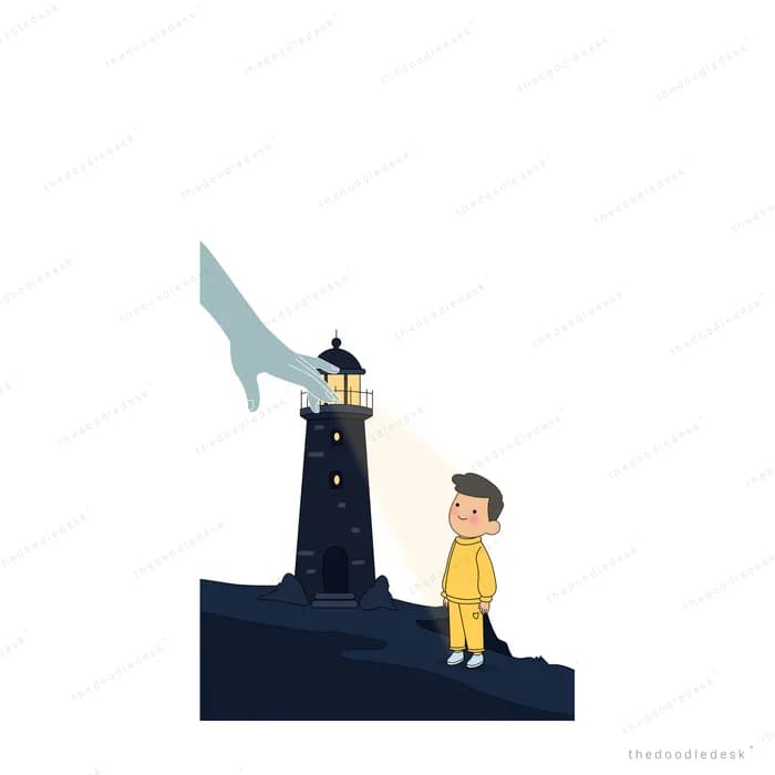 Giant hand lighting the lamp of a dark lighthouse while a small figure in a yellow raincoat watches from the rock