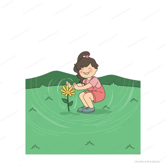 Girl kneeling on a green field pulling a small plant out of the ground with ripples spreading around